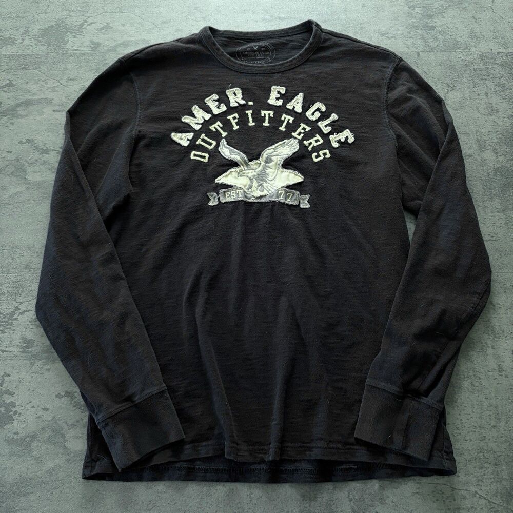 American Eagle Longsleeve Black Alpique Embroidered Spell out Sz L Black Y2K